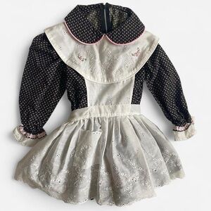 Vintage kids black floral collared long sleeve prairie dress